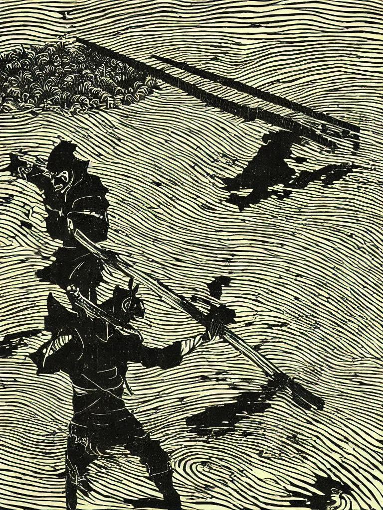 Image similar to old printmaking woodblock print of a samurai with a katana standing in water with ripples around him, a big sun above. beautiful dark fantasy, 8k detail