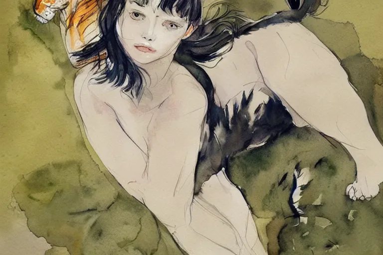 Image similar to girl riding a tiger, art, minimalistic painting, watercolor on paper, high quality, by Berthe Morisot, by Conrad Roset, trending on artstation