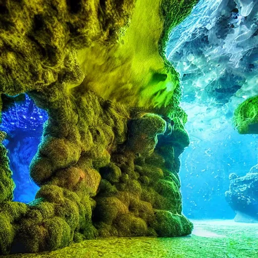 Prompt: a beautiful ultadetailed mossy cavern with sparkling clusters of crystals attached to the walls, gorgeous clear blue water, art by paul davis