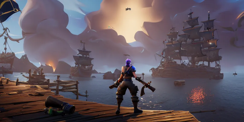 Image similar to A screenshot of a fortnite pirate standing on the front of the ghost ship with the black Jolly Roger flag, the ghost ship is in the middle of the ocean, in Fortnite, extremely detailed, pirate portrait, fantasy art overwatch and heartstone, cgsociety, artstation hq, octane render, 8k, stylized 3D CGI art , 3D, Unreal Engine, 4K UHD, RTX, DLSS,