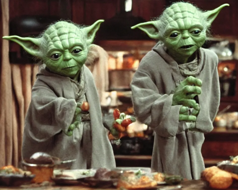 Prompt: yoda hosts a cooking show, scene from a horror movie