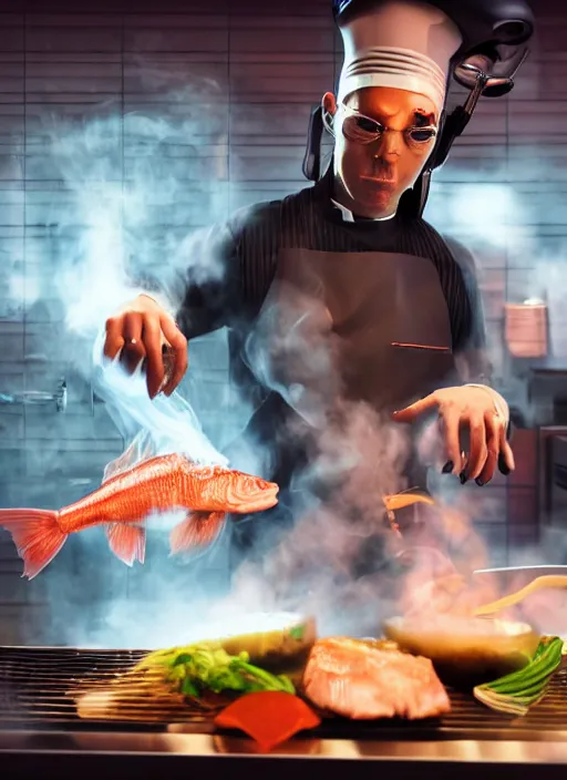 Image similar to cyberpunk chef frying up fish in a futuristic kitchen, neon lights, smoke and fire, extremely detailed and hyper realistic, octane render