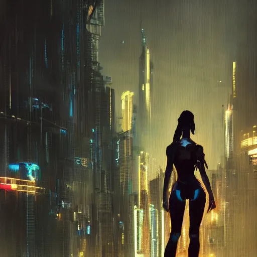 Image similar to a tall, broad-shouldered woman standing before a cyberpunk cityscape, dramatic lighting, illustration by Greg rutkowski, yoji shinkawa, 4k, digital art, concept art, trending on artstation