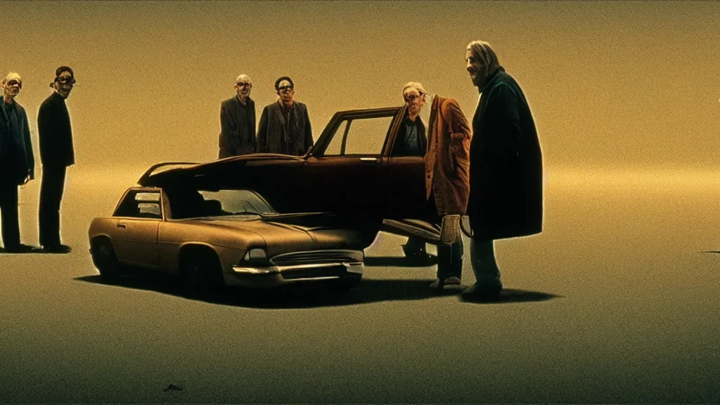 Image similar to the hip creature sells a used car, film still from the movie directed by denis villeneuve and david cronenberg with art direction by salvador dali and zdzisław beksinski, wide lens