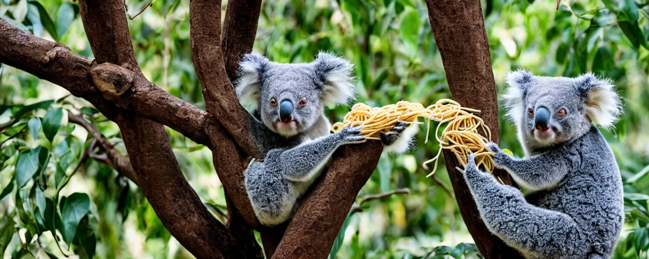 Prompt: 1 koala eating spaghetti from a tree, in the style of national geographic, canon 5 0 mm, film, kodachrome, retro, muted