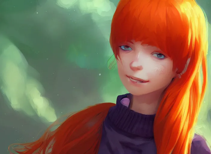 Image similar to portrait of a beautiful smiling girl with orange hair and freckles, green eyes, highly detailed, digital painting, concept art, smooth, sharp, focus, background is purple, anime key visual, ilya kuvshinov, Ross Tran, artstation