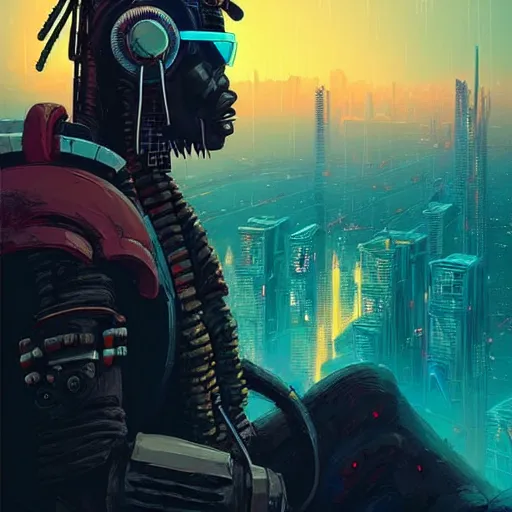 Image similar to a cyberpunk zulu warrior sitting on a cliff watching an enormous city burn!!! from a distance at night, fire!!, by alena aenami and android jones and greg rutkowski, Trending on artstation, hyperrealism, elegant, stylized, highly detailed digital art, 8k resolution, hd, global illumination, radiant light, detailed and intricate cyberpunk ghetto environment, rendered in octane, post processed, wide angle, dynamic portrait