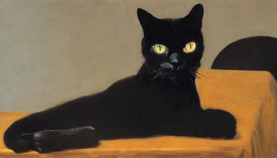 Image similar to painting by borremans, black cat on the table with black flowers, detailed, stunning