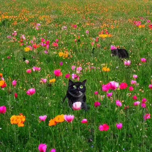 Prompt: a field of realistic cat flowers