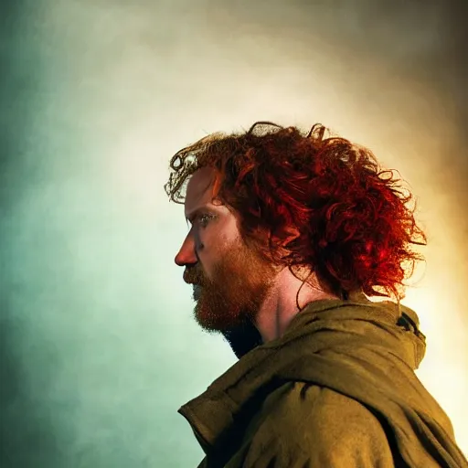 Image similar to side profile of a rugged man with curly red hair wearing a green cloak playing a guitar sitting on a rood top portrait, atmospheric lighting, painted, intricate, volumetric lighting, beautiful, rich deep colours masterpiece, golden hour, sharp focus, ultra detailed, by leesha hannigan, ross tran, thierry doizon, kai carpenter, ignacio fernandez rios