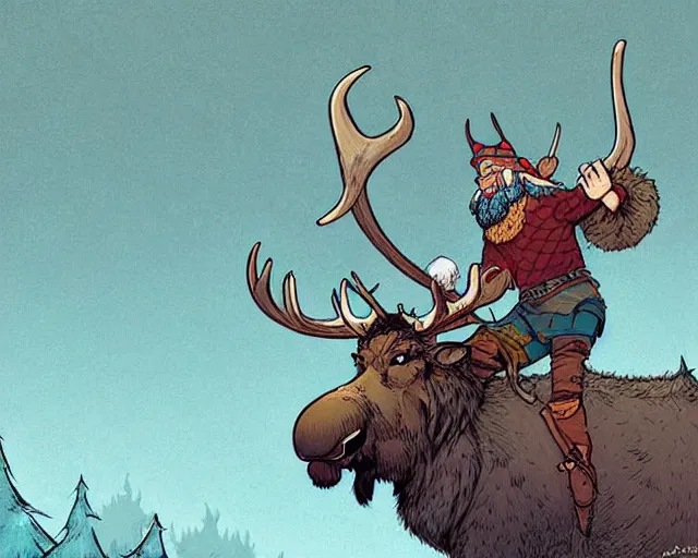 Prompt: cell shaded cartoon of a hairy chebo viking riding a moose, snowy forest, subtle colors, post grunge, concept art by josan gonzales and wlop, by james jean, victo ngai, david rubin, mike mignola, deviantart, art by artgem