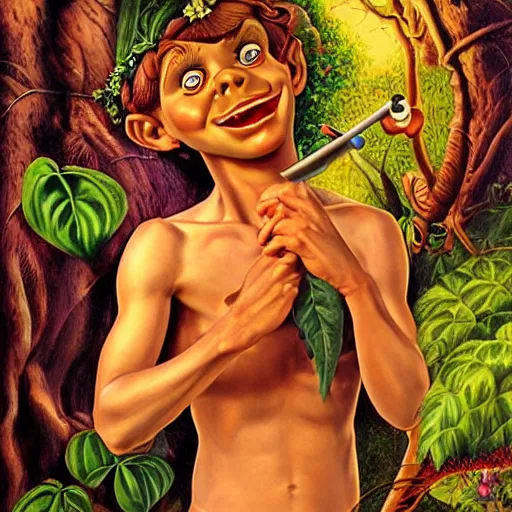 Image similar to beautiful lifelike painting of peter pan pinocchio dionysus, hyperreal detailed facial features and uv lighting, art by ed roth and basil wolverton