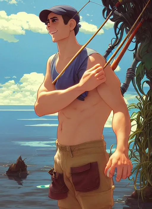 Prompt: cute fisherman chris mears, natural lighting, path traced, highly detailed, high quality, digital painting, by don bluth and ross tran and studio ghibli and alphonse mucha, artgerm