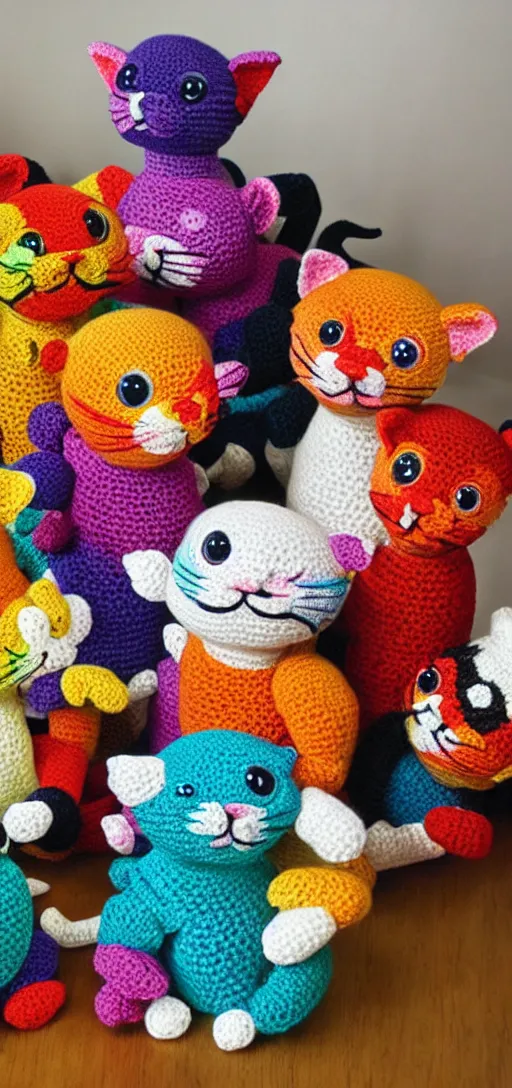 Prompt: multicolored crocheted cats, 2 0 0 0 s catalogue photo,