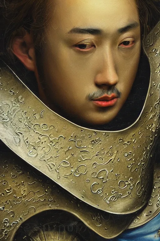 Image similar to hyperrealism oil painting, close-up portrait of medieval euopean fashion model, knight, steel gradient mixed with water swirls sky, in style of baroque mixed with 70s japan book art