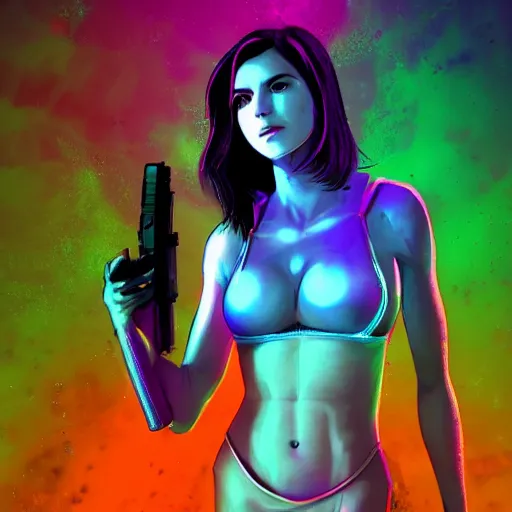 Prompt: Extreme long Shot of psychedelic Jill valentine in mysterious chromatic astral temple standing in swimsuit with glock17 , beautiful, dmt, trending on artstation, omnious, soft, hypermaximalistic, high details, cinematic, 8k resolution, artwork by Wong, Liam