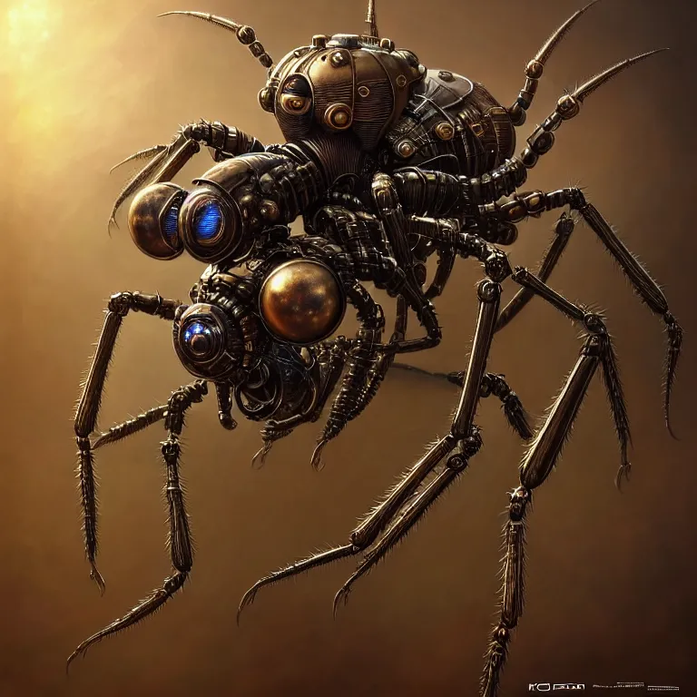 Prompt: portrait shot of a steampunk robot spider, unreal engine realistic render, 8 k, micro detail, intricate, elegant, highly detailed, centered, digital painting, artstation, smooth, sharp focus, illustration, artgerm, tomasz alen kopera, peter mohrbacher, donato giancola, joseph christian leyendecker, wlop, boris vallejo