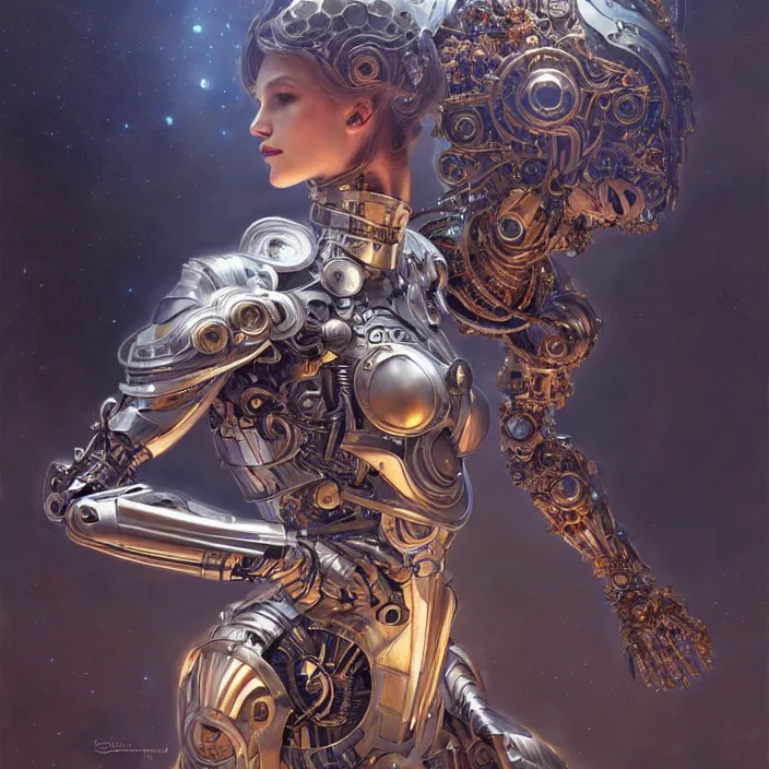 Prompt: organic cyborg with armor made of starlight, diffuse lighting, fantasy, intricate, elegant, highly detailed, lifelike, photorealistic, digital painting, artstation, illustration, concept art, smooth, sharp focus, art by john collier and albert aublet and krenz cushart and artem demura and alphonse mucha