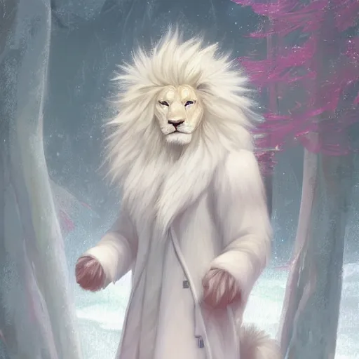 Prompt: aesthetic portrait commission of a albino male furry anthro lion wearing a cozy outfit in the snow pastel, Character design by charlie bowater, ross tran, artgerm, and makoto shinkai, detailed, inked, western comic book art, 2021 award winning painting