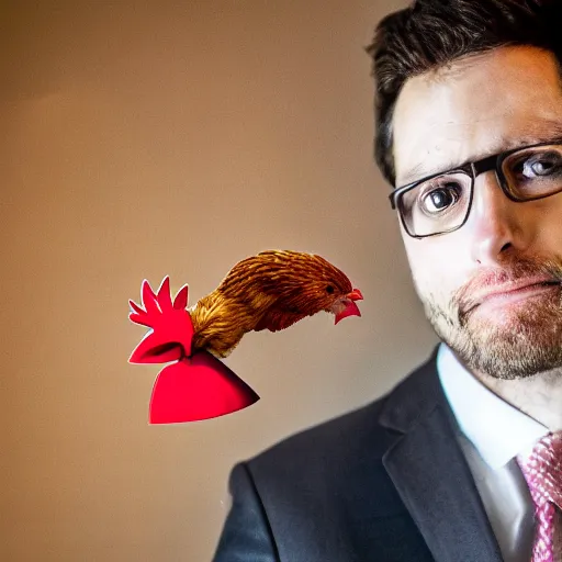 Image similar to a high quality photo of a chicken wearing a suit, 8k, Greg Rutkowsky