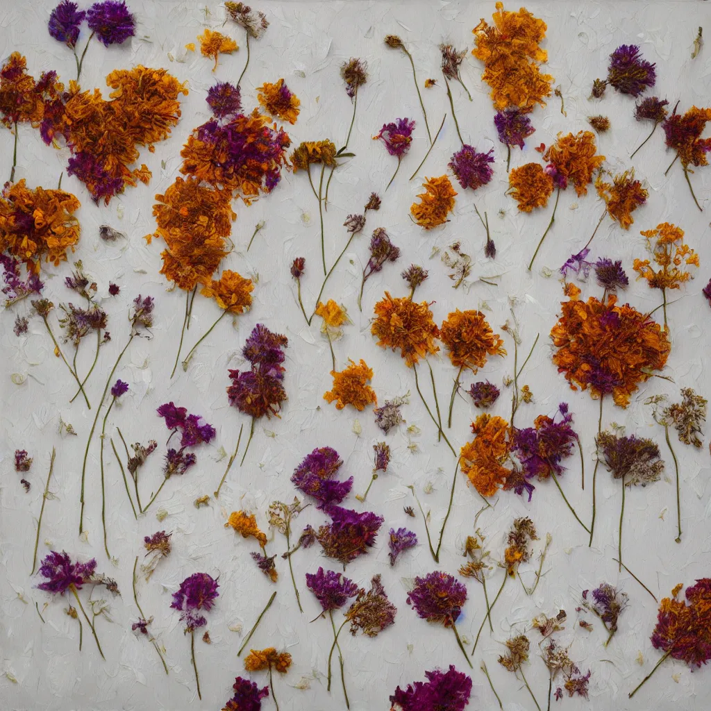 Prompt: aesthetic layout of dried flower in the open white vinyl envelope, vintage, tender, mild colours, oil on canvas