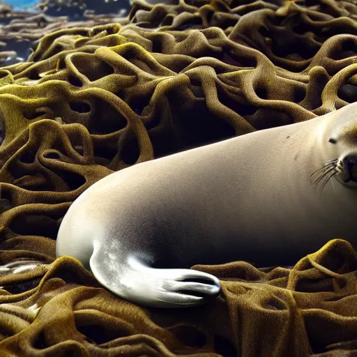 Image similar to A seal sleeping peacefully in a kelp forest, cinematic, hyper realistic, detailed, 8k, octane render.