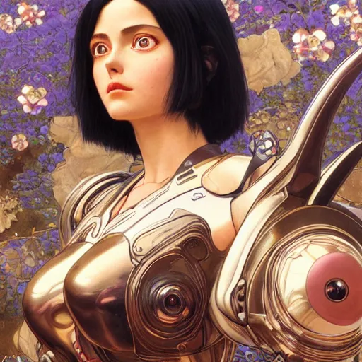 Image similar to Masterpiece portrait of battle angel Alita drawn by Donato Giancola and Tom Bagshaw, face by Artgerm and Edmund Leighton, Alphonse Mucha, background by James Jean and Gustav Klimt, 4k, robotic body, porcelain skin, komorebi, french nouveau, trending on pixiv, octane render, hyperrealistic