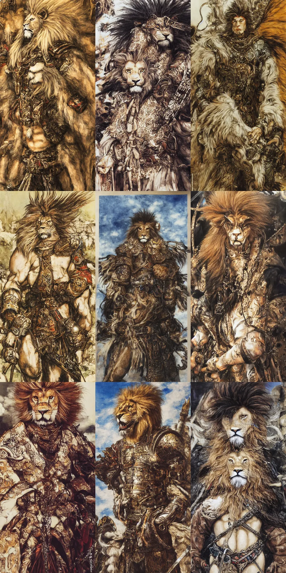 Image similar to 8 k yoshitaka amano painting of upper body of a young cool looking lion beastman with white mane at a medieval market at windy day. depth of field. he is wearing complex fantasy clothing. he has huge paws. renaissance style lighting.