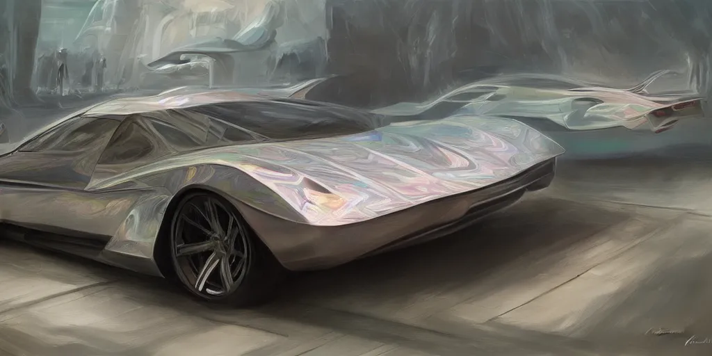 Image similar to full view of a car, painted in silver rainbow holographic pearlescent, elegant, digital painting, concept art, smooth, sharp focus, art style from Wang Ke and Greg Rutkowski and Bruce Kaiser and Scott Robertson and Dmitry Mazurkevich and Doruk Erdem and Jon Sibal, small style cue from Blade Runner