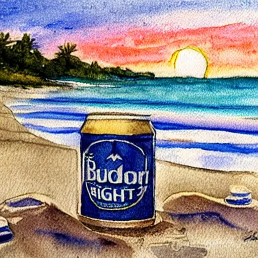 Image similar to can of bud light sittin in the sand on the beach, detailed, watercolor, sunset