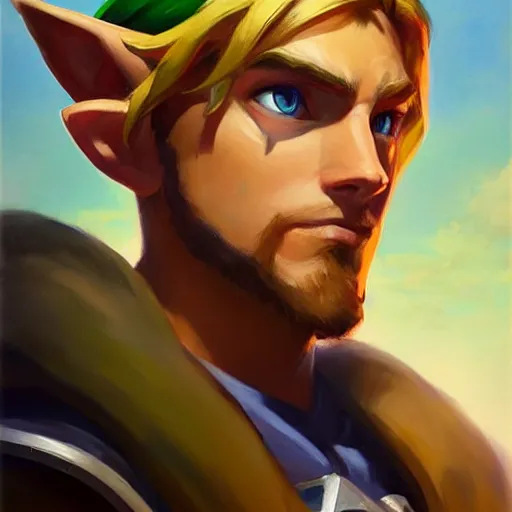 Image similar to Greg Manchess portrait painting of Link from Legend of Zelda as Overwatch character, medium shot, asymmetrical, profile picture, Organic Painting, sunny day, Matte Painting, bold shapes, hard edges, street art, trending on artstation, by Huang Guangjian and Gil Elvgren and Sachin Teng