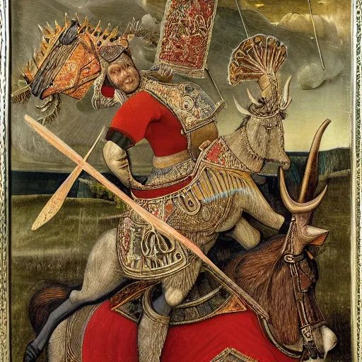 Prompt: painting of the swedish king riding a moose into battle holding a greatsword above his head, carlo crivelli