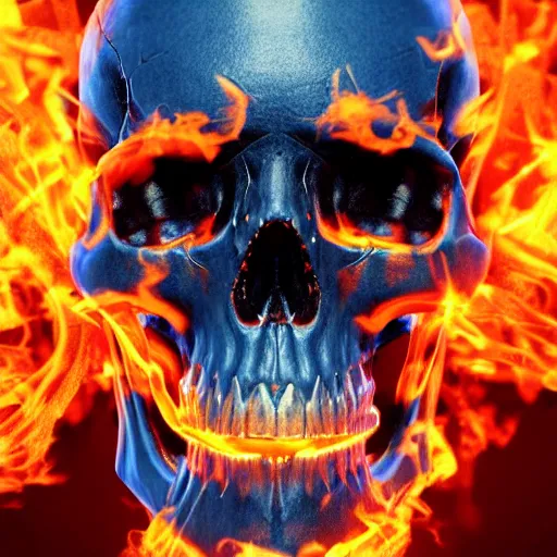 Image similar to a highly detailed human skull with intricate designs with fire for eyes on fire in front of a neon blue background, 3 d, octane render, symmetrical, hyper realism, highly detailed, digital art, artstation, concept art, cinematic lighting, strong bokeh, trending