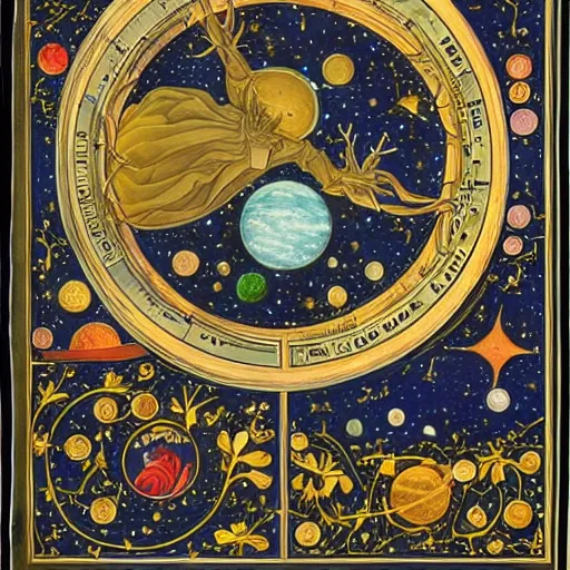 Image similar to a beautiful cosmos of celestial bodies in the style of illuminated manuscript, extremely detailed, trending on artstation