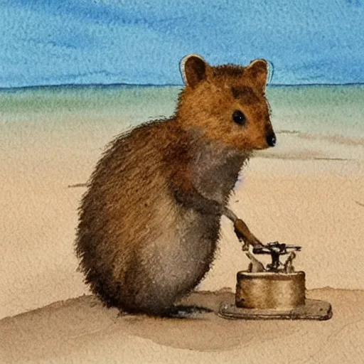 Image similar to a quokka using a metal detector on the beach, realistic watercolour