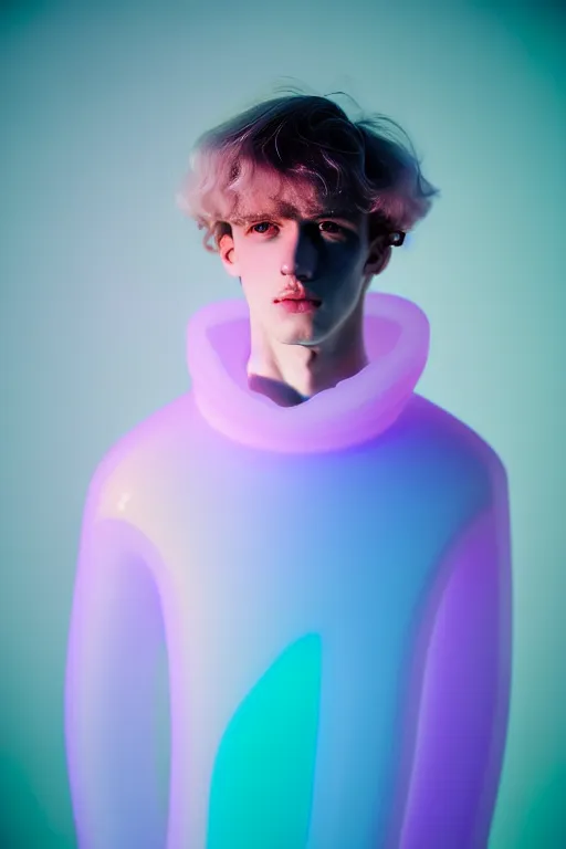 Image similar to high quality pastel coloured film mid angle portrait photograph of a beautiful young 2 0 year old male, soft features, short hair, perspex mask and oversized inflated clothing!!!! icelandic black! rock pool environment. atmospheric three point light. photographic. art directed. ( pastel colours ). volumetric. clearcoat. waves. 8 k. filmic.