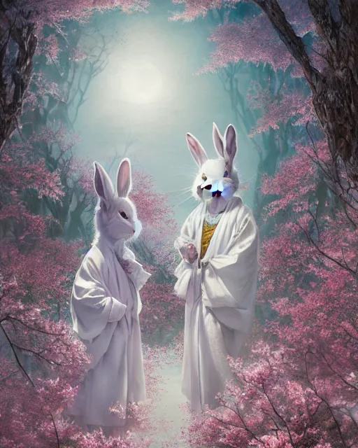 Image similar to ink on paper portrait of two white bunnies, super realistic, highly detailed, rule of thirds, in colorfull kimonos in the foreground of a surreal environment with cherry blossoms, volumetric light, dof, by greg rutkowski and michael whelan