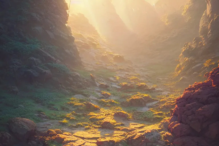 Image similar to highly detailed rock crumbles, stephen bliss, unreal engine, greg rutkowski, loish, rhads, beeple, makoto shinkai and lois van baarle, ilya kuvshinov, rossdraws, tom bagshaw, alphonse mucha, global illumination, god rays, detailed and intricate environment