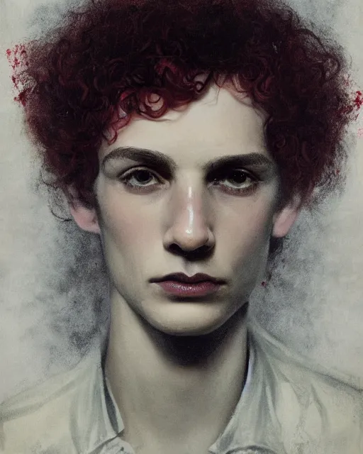 Prompt: a beautiful but sinister young man in layers of fear, with haunted eyes and curly hair, 1 9 7 0 s, seventies, delicate embellishments, woodland, a little blood, crimson, painterly, offset printing technique, mary jane ansell