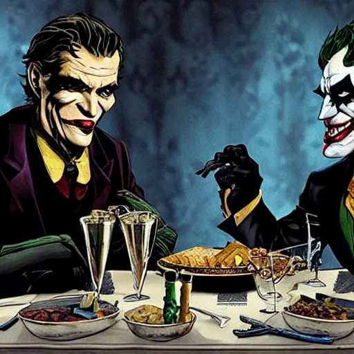 Image similar to A still of Batman and The Joker having dinner together, 4k, ultra realistic, detailed