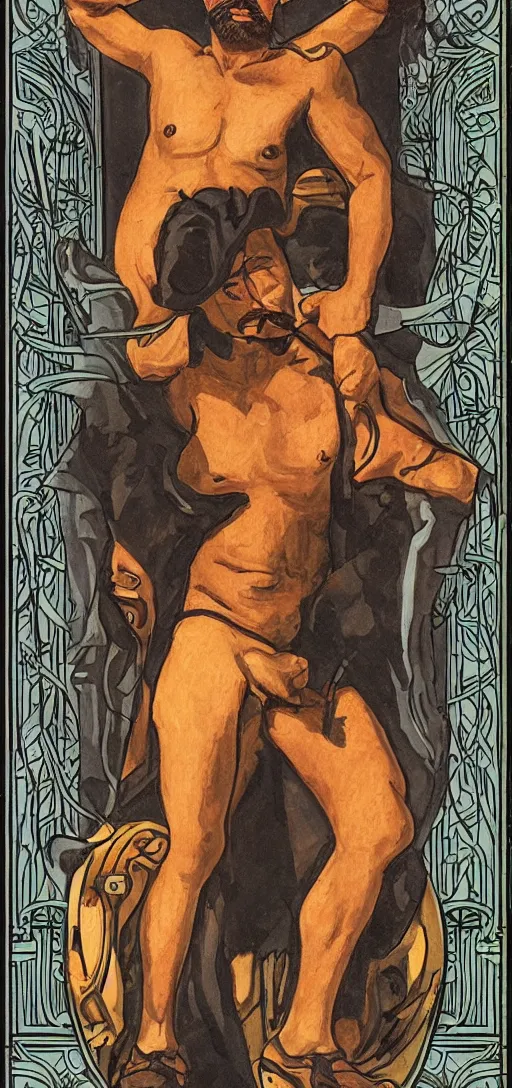 Prompt: tarot card of a shirtless cowboy, dad bod, (mustache, chest hair), homoerotic, art deco, art nouveau, trending on artstation