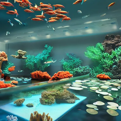 Prompt: photo of the big modern room as aquarium with a beautiful fishes and corals, realistic colors, realistic shadows, daylight made in blender, 3 d