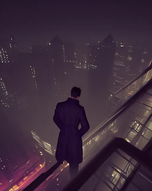 Image similar to a night rooftop scene by Liam Wong, close up shot of a photorealistic gangster wearing a trench coat looking at the city below, dark mood, octane render, unreal engine