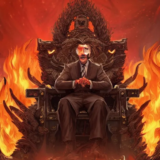 Image similar to Joe Biden sitting on a throne of skulls surrounded by fire, digital painting, highly detailed, trending on Artstation