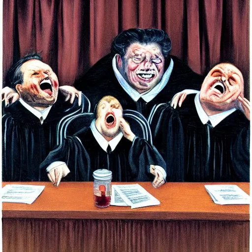 Image similar to The US Supreme Court justices screaming in existential dread, by Francis Bacon