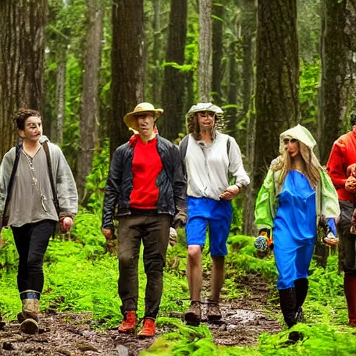 Image similar to A group of friends in costumes walking in the forest looking for mushrooms while a thunderstorm is brewing in the background