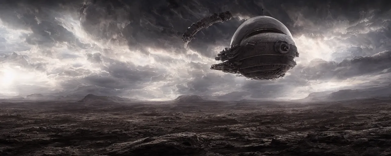 Prompt: a large organic like spaceship landing on a barren dry land with an epic cloud formation on the background by HR GIger, Dariusz Zawadzki, Neil blevins, Feng Zhu, gustave doré, zhuoxin ye, very detailed, octane render, 8k, oranate and brooding, scary and dark, canon 24mm lens