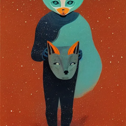 Image similar to little girl with fox mask on the prowl oil painting victo ngai