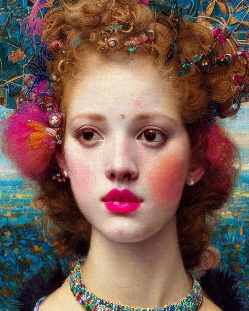 Image similar to a close up of beautiful cheerleader girl with pink lipstick wearing a multicoloured necklace surrounded by colourful intricate patterns, by edgar maxence and caravaggio and michael whelan, intricate painting, hyper realistic, extremely detailed and beautiful aesthetic face, 8 k resolution