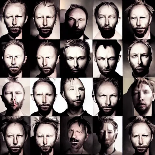 Image similar to versions collage of variations, hyper realistic, many variations of thom yorke, face variations, various emotions, various poses, high quality, brush stroke, intricate details, beautiful lighting